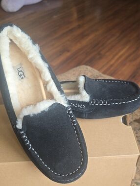 UGG Black Suede Shearling-Lined Moccasin Flats